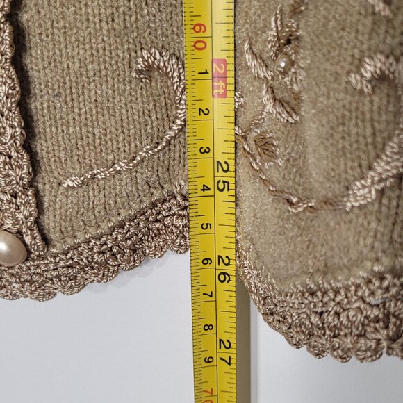 MOFFI Women's Tan Brown Embroidered Floral Button Knit Cardigan Crocheted Trim L - Picture 12 of 14